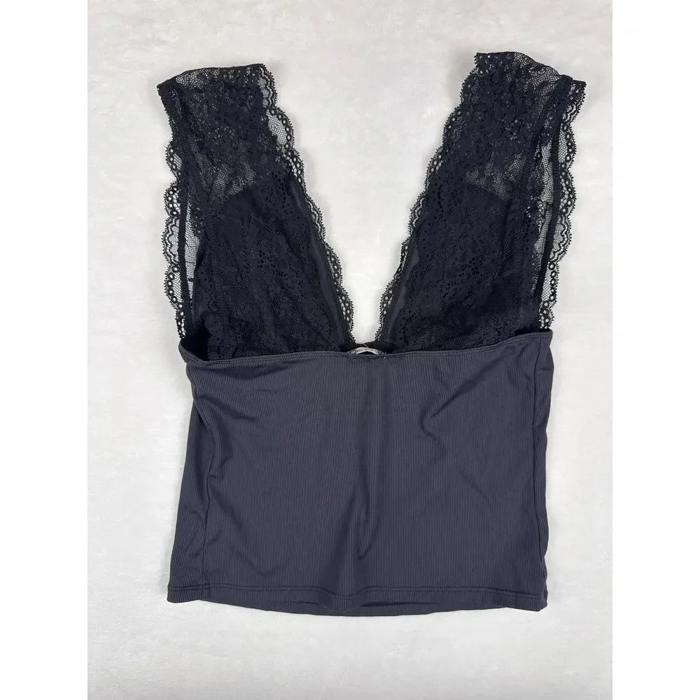 NWT Free People Power Play Cami Black Lace V Neck Ribbed Tank Size Medium
